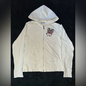 Ed Hardy Rhinestone Logo Eagle Rose Zip Up Off White
- Size Small